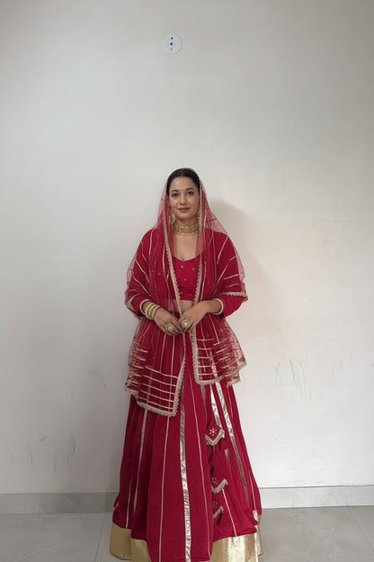 Luxury Red Gota Lehenga Set – Crepe with Gota Work, Hand Embroidered Stretchable Blouse & Net Dupatta Maha Collection