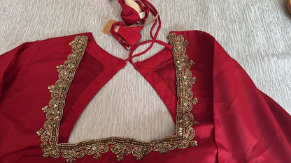 Luxury Ready-to-Wear Red Saree – Premium Georgette with Hand Embroidery Deepika's Adornments