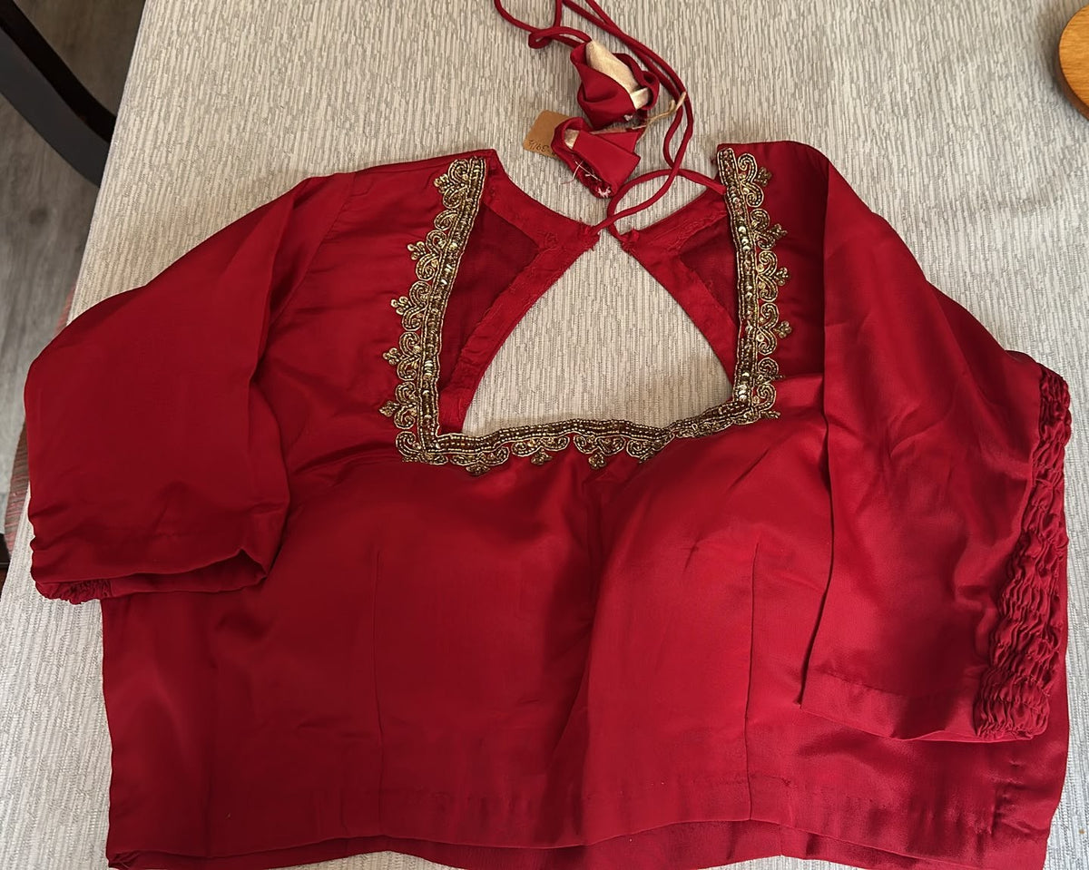 Luxury Ready-to-Wear Red Saree – Premium Georgette with Hand Embroidery Deepika's Adornments
