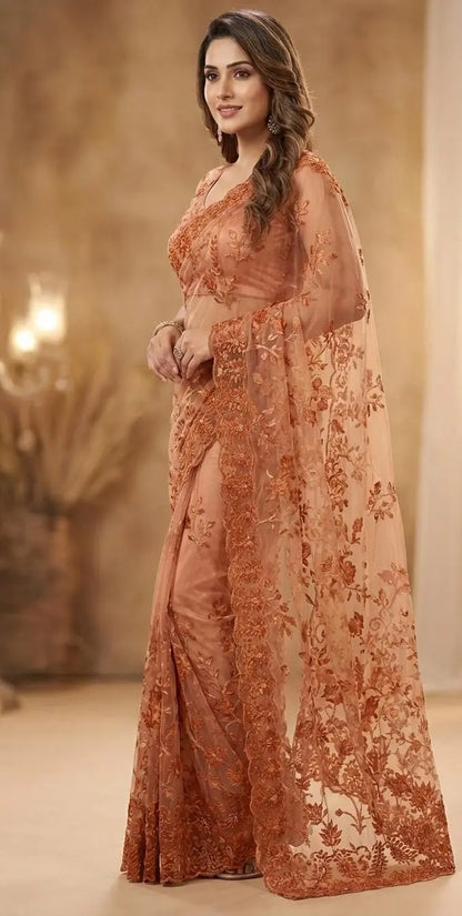 Net Pre-Draped Saree - Custom-Stitched with Thread Work Blouse Maha Collection