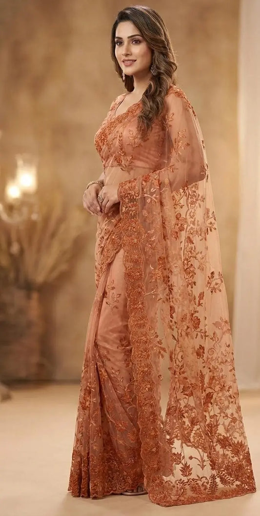 Net Pre-Draped Saree - Custom-Stitched with Thread Work Blouse Maha Collection