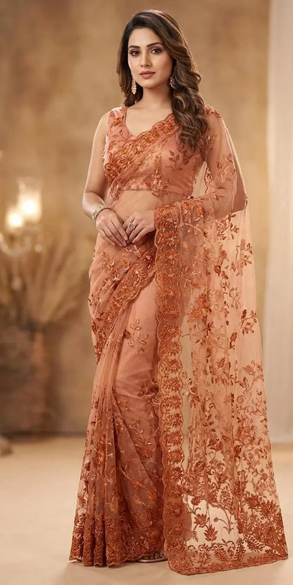 Net Pre-Draped Saree - Custom-Stitched with Thread Work Blouse Maha Collection