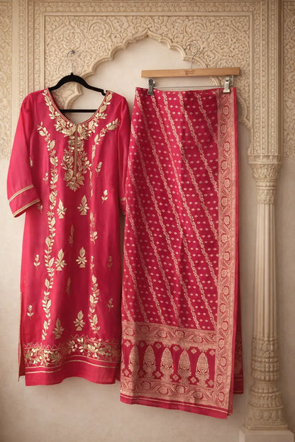 Pink Coral Gota Patti Dhoti Suit - Tulip Pants with Heavy Dupatta Rachna Suits
