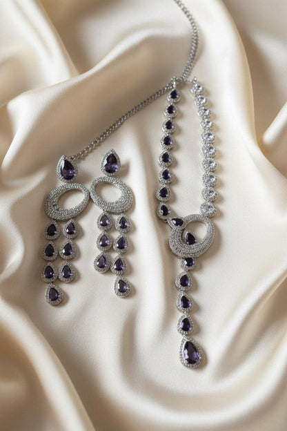 Amethyst & CZ Statement Necklace Set | 24K Rhodium Plated Silver Deepika's Adornments