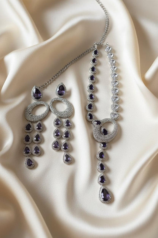 Amethyst & CZ Statement Necklace Set | 24K Rhodium Plated Silver Deepika's Adornments