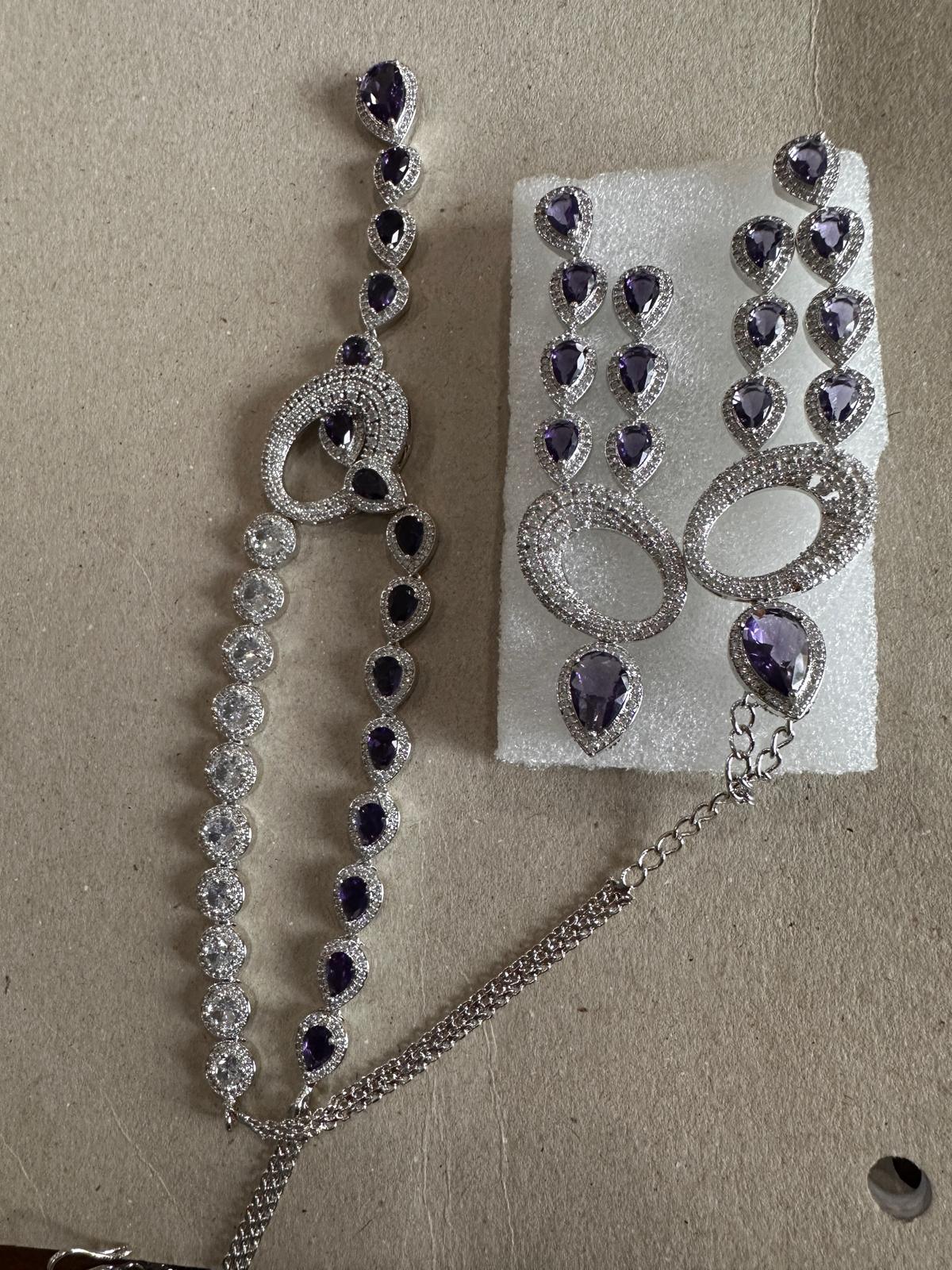 Amethyst and CZ statement necklace set with matching chandelier earrings in 24K rhodium plated silver finish