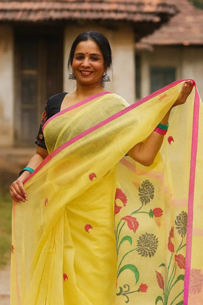 Muslin Jamdani hand weave and handwork -Yellow - Deepika's Adornments