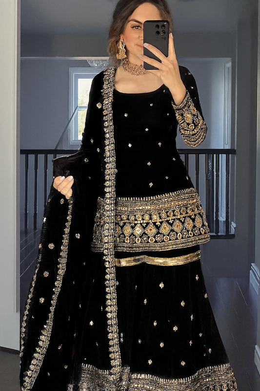Vichitra Silk Black Sharara Suit