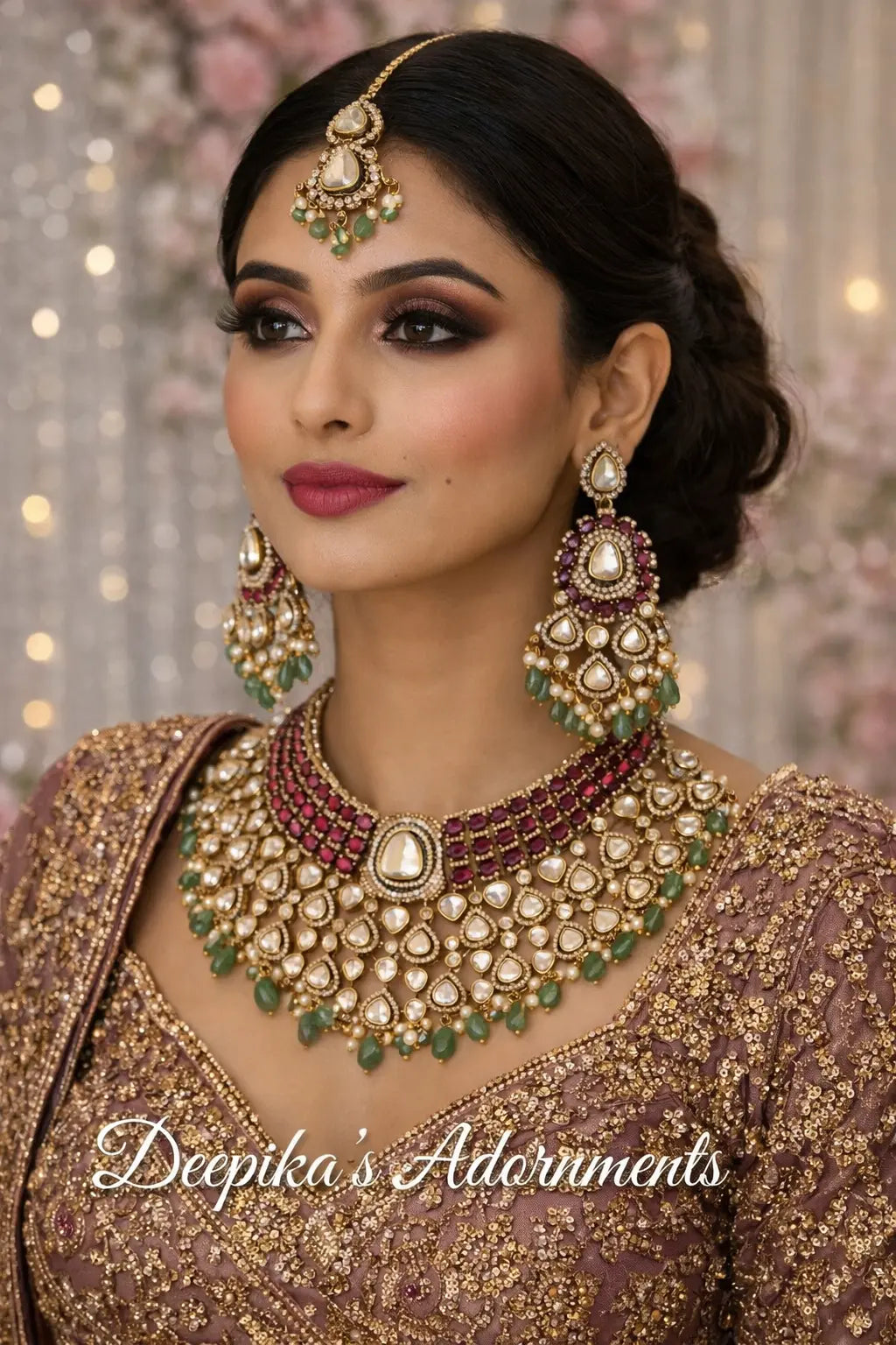 Noorjahan Royal Ruby Mint Moissanite Statement Necklace Set with Maang Teeka Nikhar Jewelry