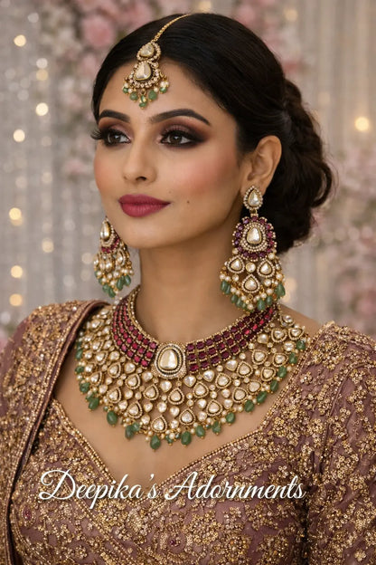 Noorjahan Royal Ruby Mint Moissanite Statement Necklace Set with Maang Teeka Nikhar Jewelry