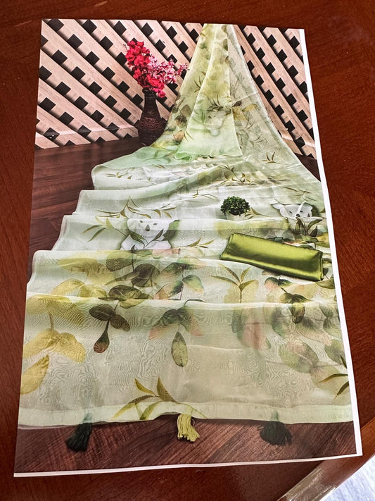 Organza Digital Printed Saree-Green