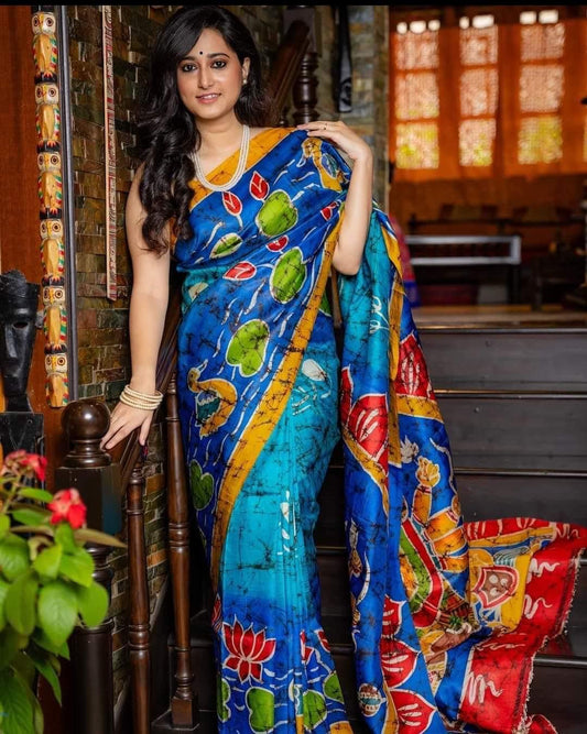 Pure Bishnupuri Silk Hand WaxBatik Sarees - Blue Multi