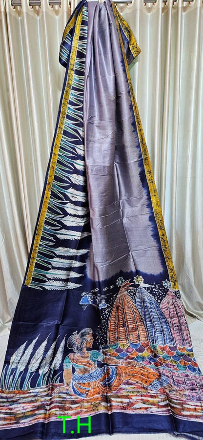 Pure Bishnupuri Silk Hand WaxBatik Sarees - PRPLBLUE