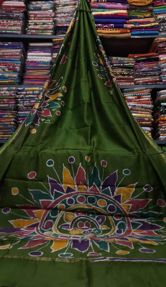 Pure Bishnupuri Silk Hand WaxBatik Sarees-Mehndi Green