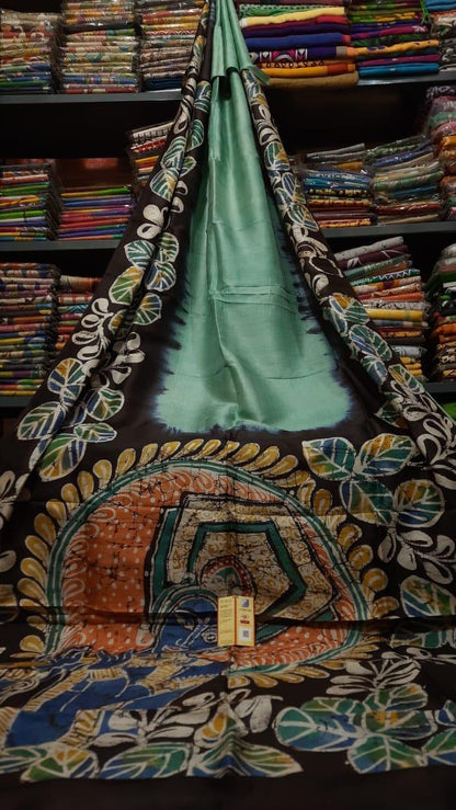 Pure Bishnupuri Silk Hand WaxBatik Sarees-Sea Green