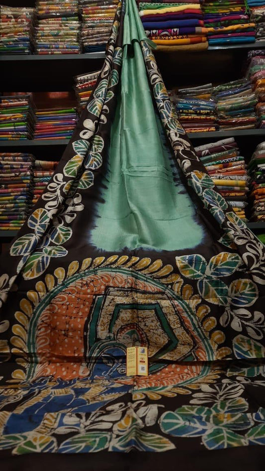 Pure Bishnupuri Silk Hand WaxBatik Sarees-Sea Green