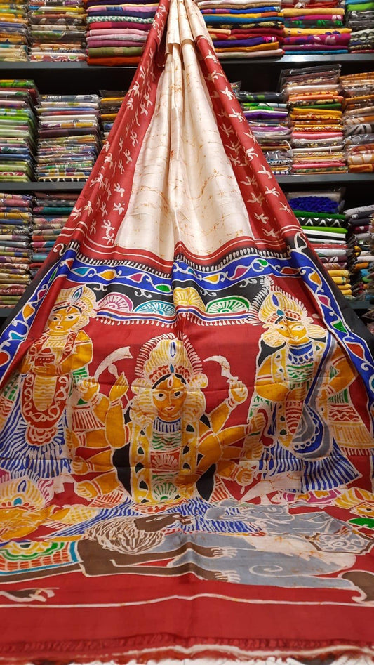 Pure Bishnupuri Silk Hand WaxBatik Sarees -Red