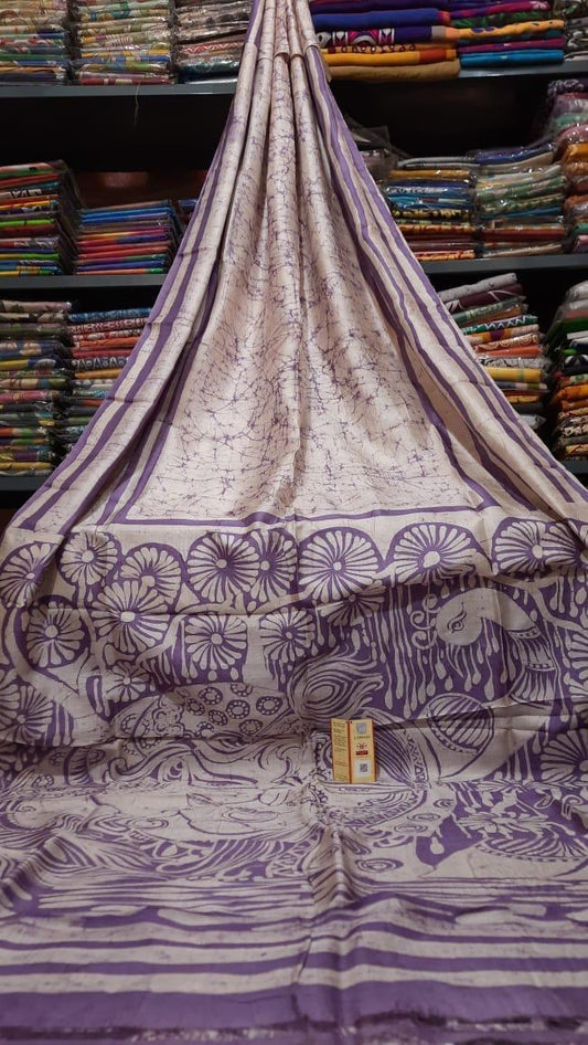 Pure Bishnupuri Silk Hand WaxBatik Sarees-Light Purple
