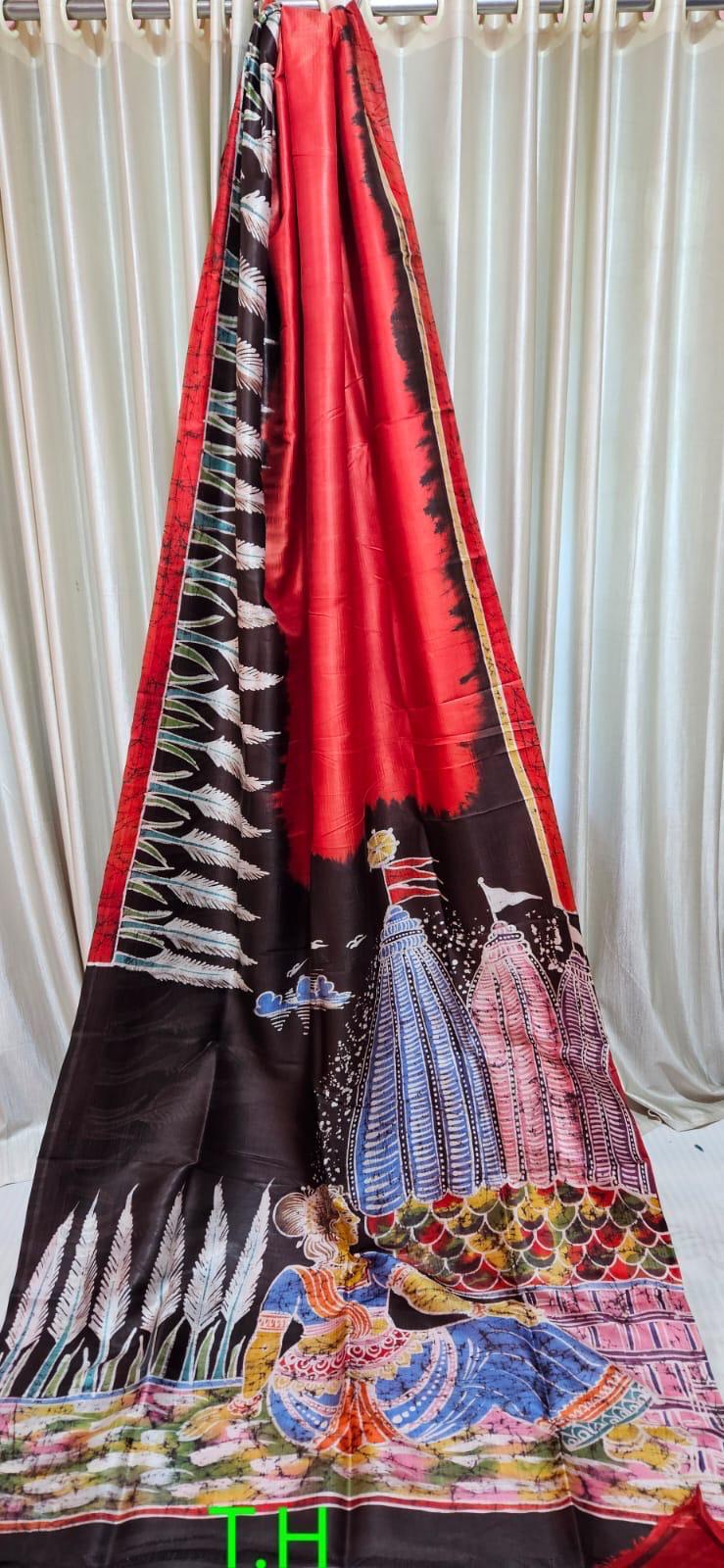 Pure Bishnupuri Silk Hand WaxBatik Sarees- Red Artistic