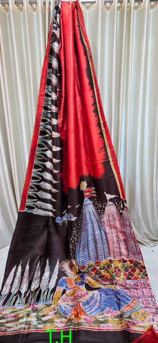Pure Bishnupuri Silk Hand WaxBatik Sarees- Red Artistic