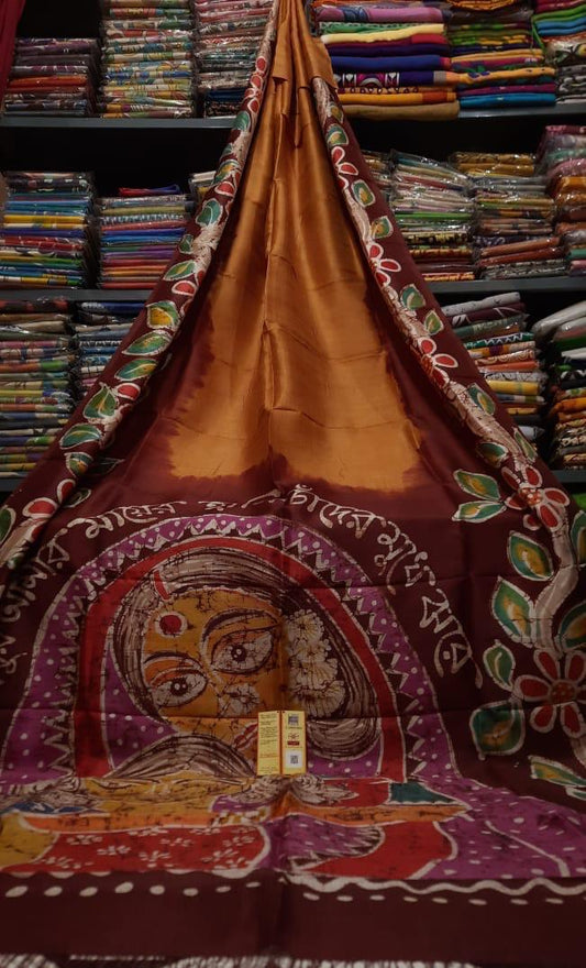 Pure Bishnupuri Silk Hand WaxBatik Sarees-Gold Artwork