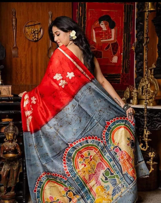Pure Bishnupuri Silk Hand WaxBatik Sarees - Red and Gray