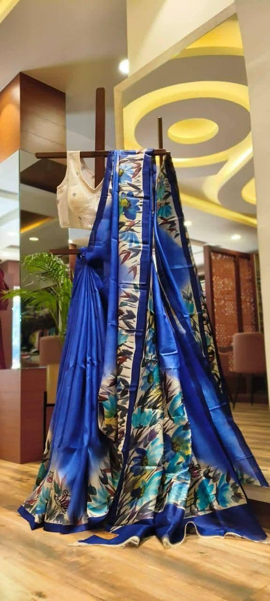 Tussar Silk Digital Floral Print Saree-Royal Blue
