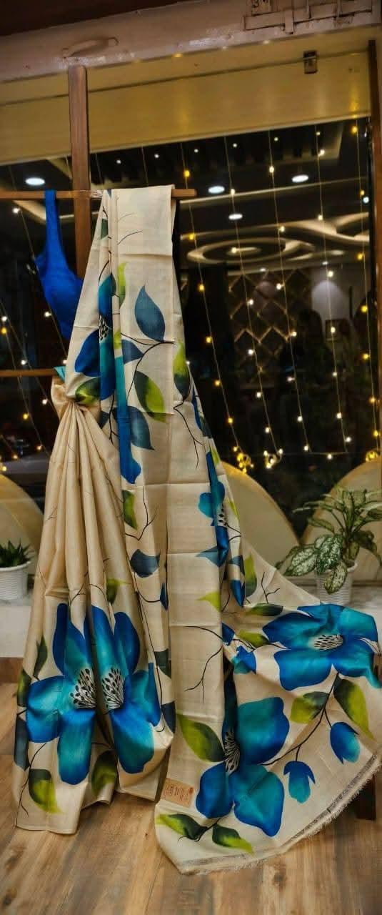 Tussar Silk Digital Floral Print Saree-Cream and Blue