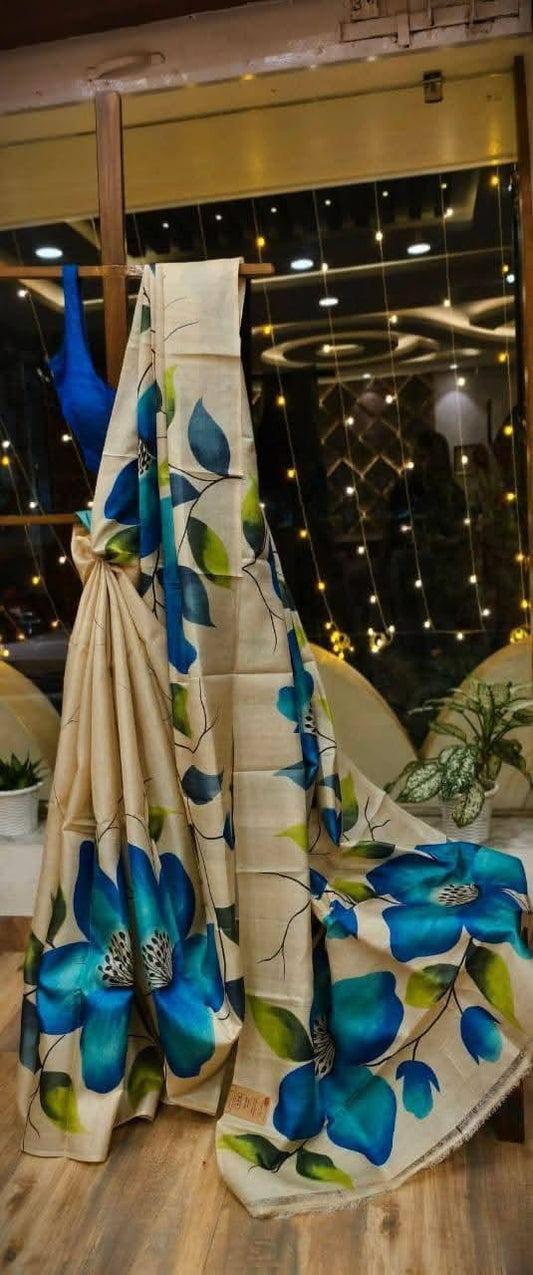 Tussar Silk Digital Floral Print Saree-Cream and Blue
