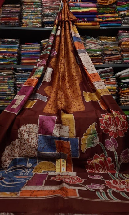 Pure Bishnupuri Silk Hand WaxBatik Sarees-Rust Maroon