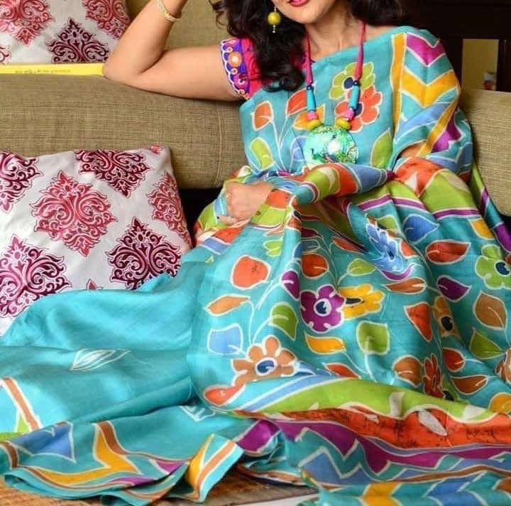 Pure Bishnupuri Silk Hand WaxBatik Sarees - Sky Blue