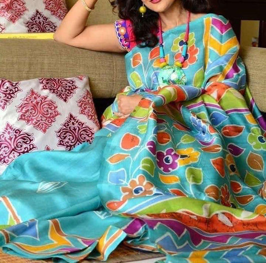 Pure Bishnupuri Silk Hand WaxBatik Sarees - Sky Blue