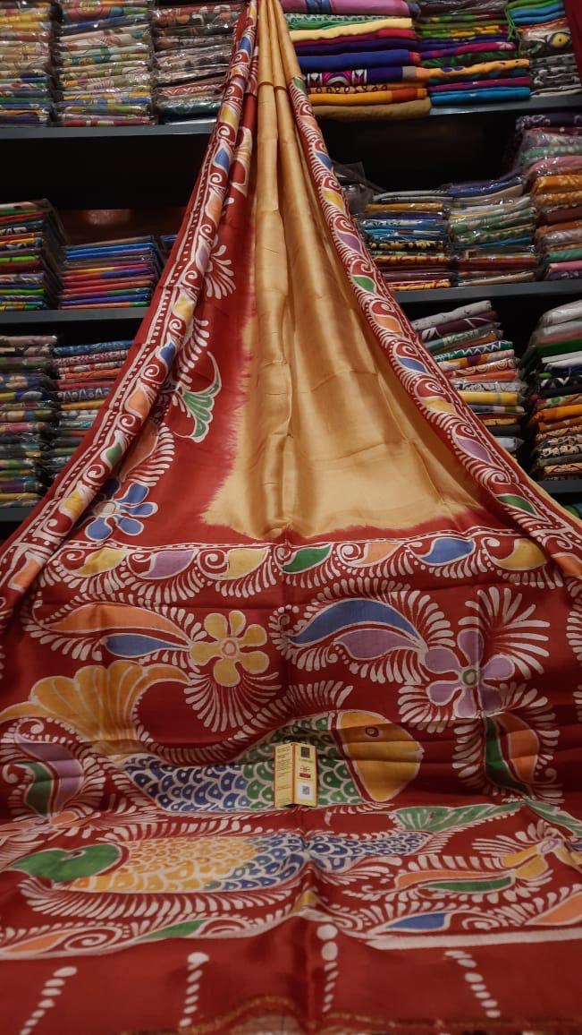 Pure Bishnupuri Silk Hand WaxBatik Sarees-Gold Red