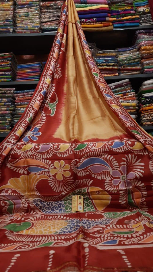 Pure Bishnupuri Silk Hand WaxBatik Sarees-Gold Red