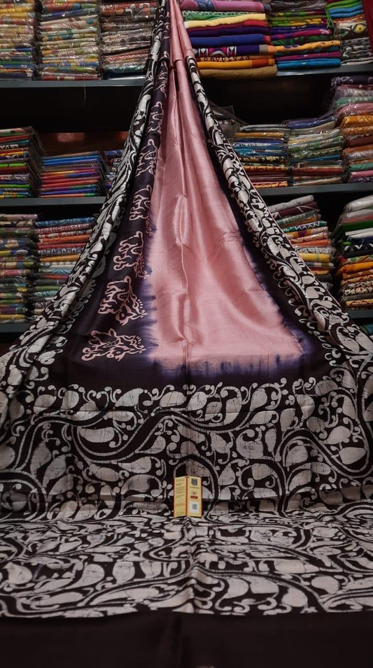 Pure Bishnupuri Silk Hand WaxBatik Sarees - Pink