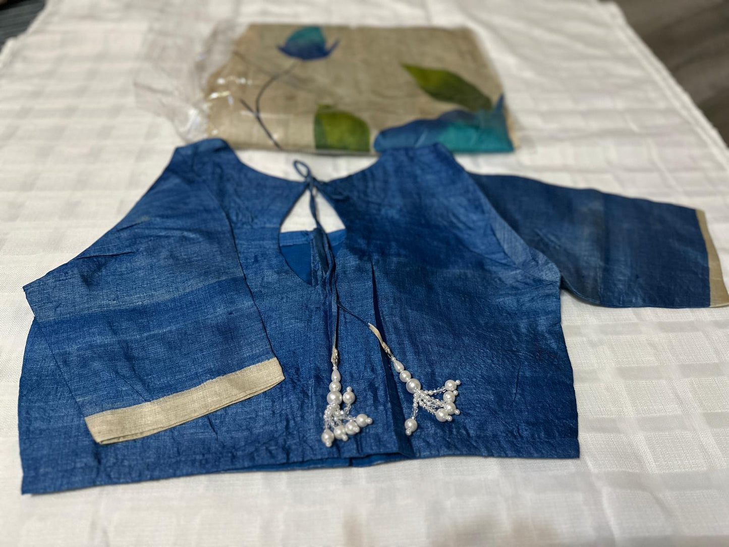 Tussar Silk Digital Floral Print Saree-Cream and Blue