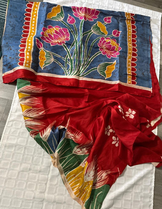 Pure Bishnupuri Silk Hand WaxBatik Sarees - Red