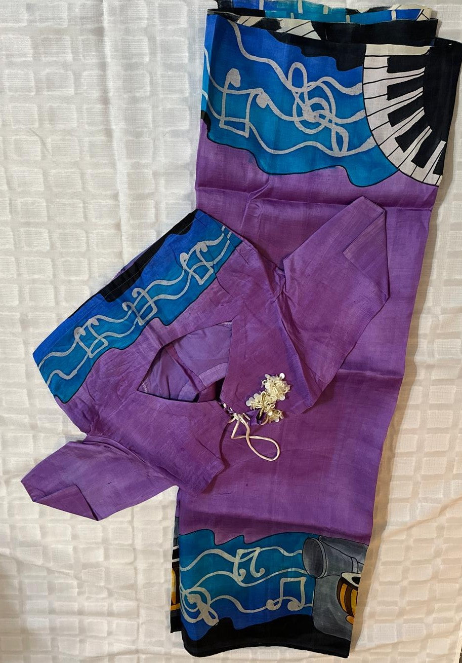 Pure Bishnupuri Silk Hand WaxBatik Sarees - Purple Blue