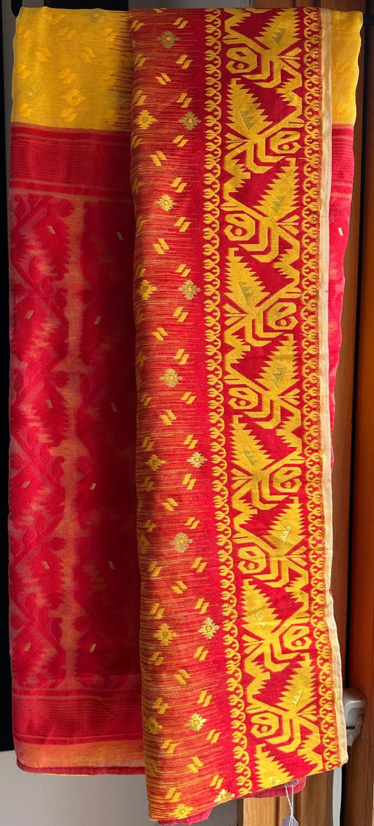 Premium Ikkat and Jamdani Combo Saree-Red and Yellow
