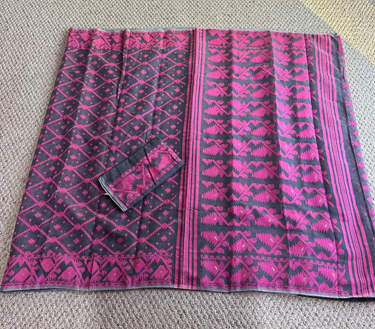 Bengal Handloom Jamdani Saree - Grey and Pink with Gold Zari Booties Dipannita Handloom