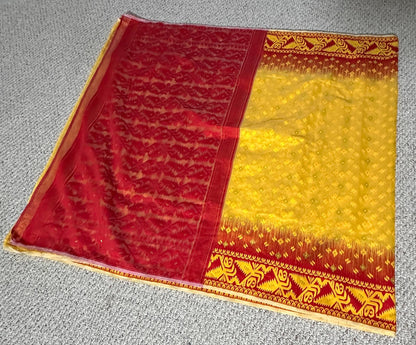 Bengal Handloom Jamdani Ikkat Red and Yellow