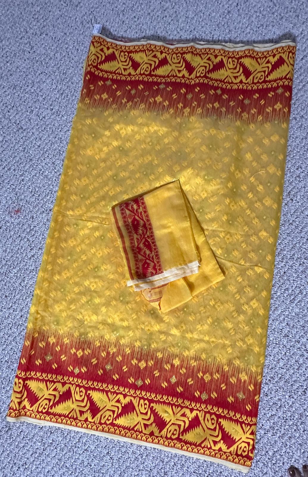 Bengal Handloom Jamdani Ikkat Red and Yellow