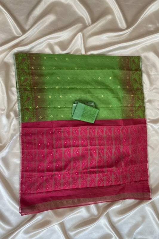 Jamdani Saree - Neon Green and Magenta Dipannita Handloom