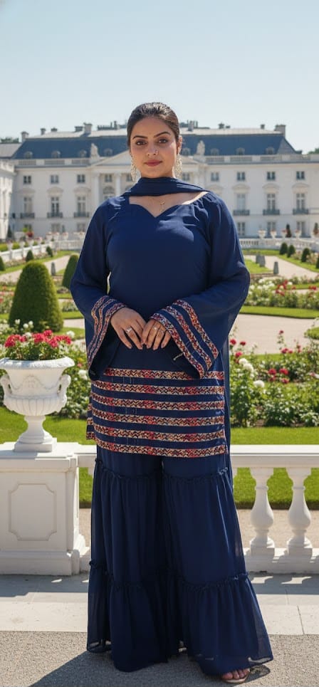 Royal Blue Georgette Sharara Suit - Pakistani Style with Lace Dupatta