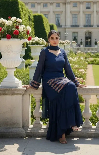 Royal Blue Georgette Sharara Suit - Pakistani Style with Lace Dupatta Maha Collection