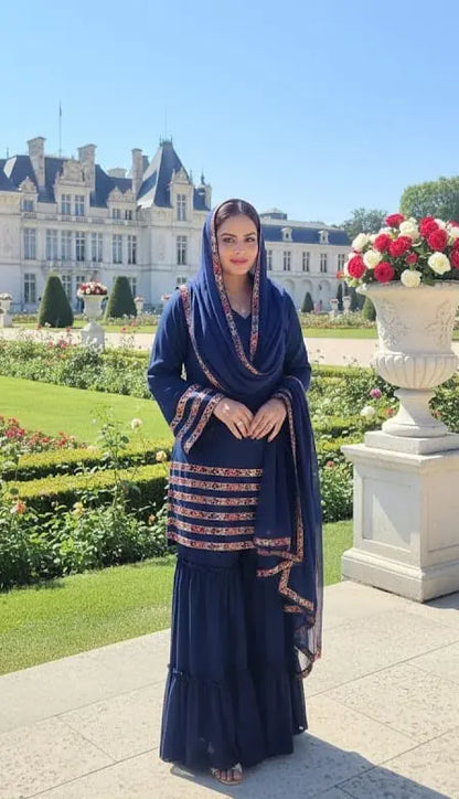 Royal Blue Georgette Sharara Suit - Pakistani Style with Lace Dupatta Maha Collection