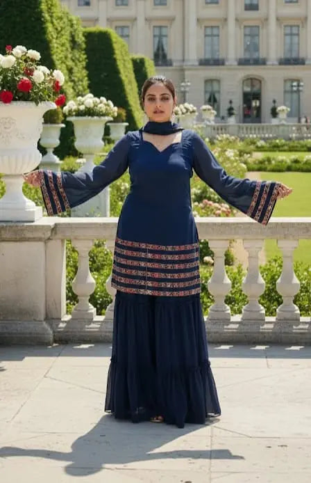 Royal Blue Georgette Sharara Suit - Pakistani Style with Lace Dupatta Maha Collection