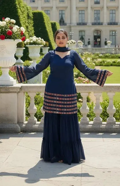 Royal Blue Georgette Sharara Suit - Pakistani Style with Lace Dupatta Maha Collection