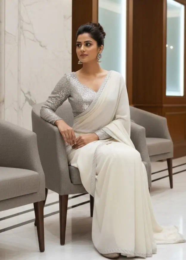 Silver Sequin Pre-Draped Saree - Ready to Wear with Attached Petticoat Maha Collection