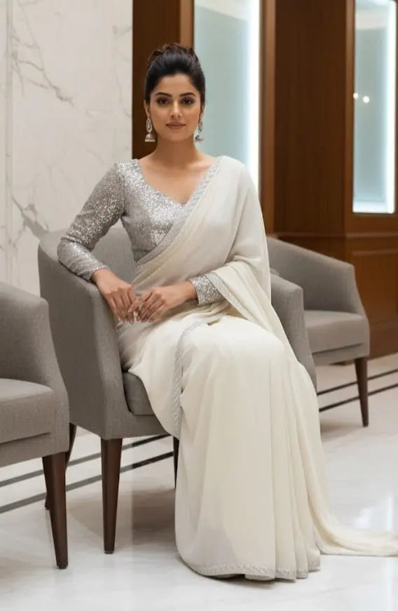 Silver Sequin Pre-Draped Saree - Ready to Wear with Attached Petticoat Maha Collection